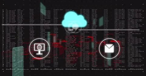 Hovering neon cyan cloud icon floating above cybersecurity dashboard, with red Foto stock