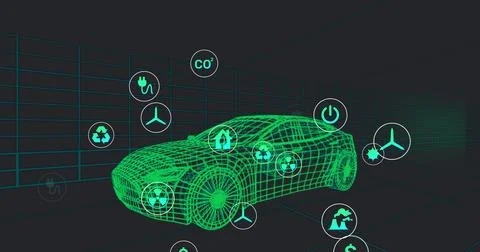 Hovering neon green 3D wireframe car spinning in virtual grid chamber, with Stock-Illustration