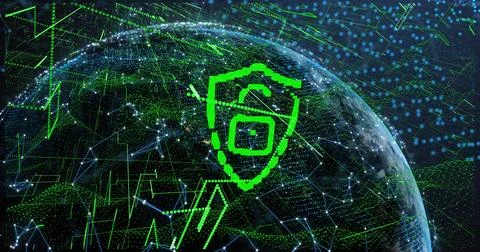 Hovering neon-green shield showing padlock above transparent Earth from orbit, Stock Illustration