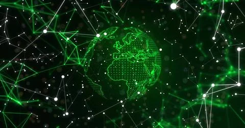 Hovering neon-green wireframe globe showing Europe, Africa in network with Illustrazione stock
