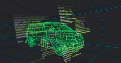 Hovering neon green wireframe van model in 3D tunnel, showing cyan grid lines Stockillustratie