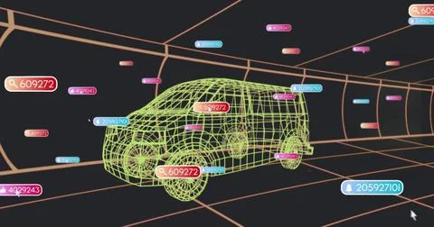 Hovering neon green wireframe van model moving in 3D orange grid tunnel, with Stock Photos