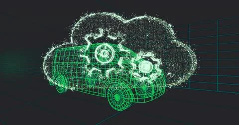 Hovering neon-green wireframe van moving in virtual grid, showing particle cloud Stock Photos