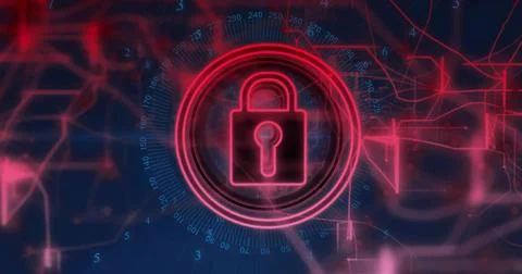 Hovering neon pink padlock icon guarding virtual network, with dial ring 库存插图