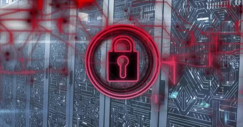 Hovering neon red lock icon projecting network lines over server racks in data Stock Photos
