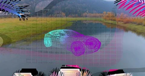 Hovering neon wireframe 3D car floating above pond in riverside meadow, with Stock Photos