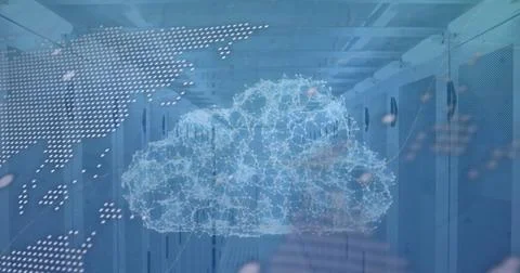 Hovering network cloud graphic glowing in server corridor, with dotted world map Stock Photos