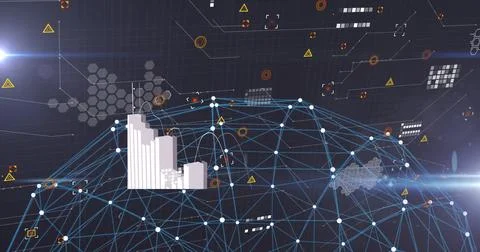 Hovering network mesh projecting blue lines and nodes in virtual hub, with city Stockfoto's