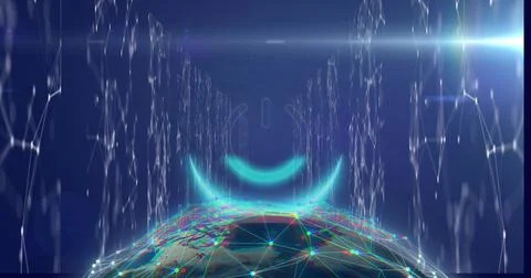 Hovering networked globe showing mesh nodes and cyan crescent arcs in navy void, Stock Illustration