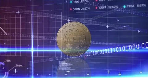 Hovering NFT coin reflecting on glossy surface above crypto dashboard, streaming Stock Illustration