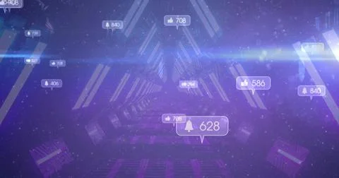 Hovering notification bubble showing bell icon and 628 count in neon tunnel, Stock Photos