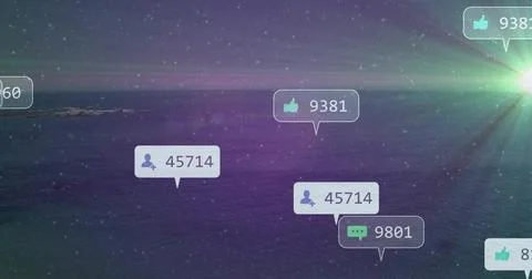 Hovering notification bubbles showing social icons and counters over calm sea, Stock Illustration