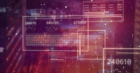 Hovering numeric data panel on clear display, with grid, code panels, charts and Illustrazione stock