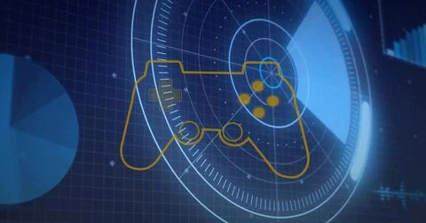 Hovering outlined gamepad overlaying dashboard on blue grid, with d-pad, face Illustrazione stock