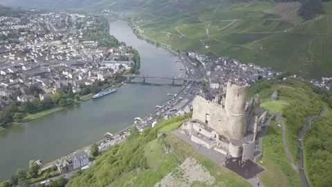 Hovering over the Bernkastel-Kues Castle and River Stock Footage 132283627