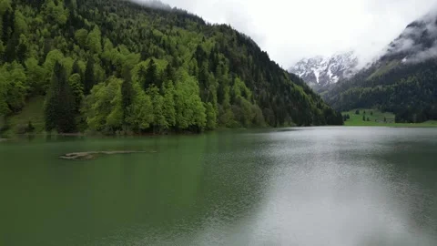 Hovering over Obersee lake displaying grandeur of Swiss Alps and forests Stock Footage 243240342