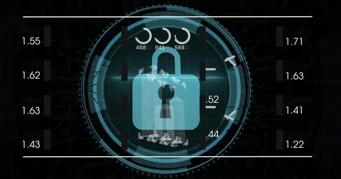 Hovering padlock icon over security dashboard, with concentric HUD rings and Illustrazione stock