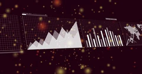 Hovering panels showing area, bar and world map plus line chart in dark virtual Stock Illustration