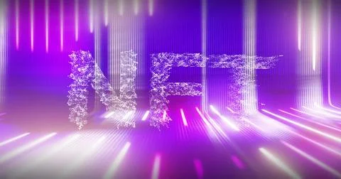 Hovering particle-formed NFT text glowing above reflective neon floor, with Stock Illustration