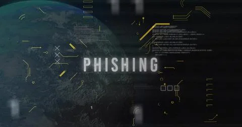 Hovering PHISHING text glitching across cyberspace interface, with Earth globe Stock Photos
