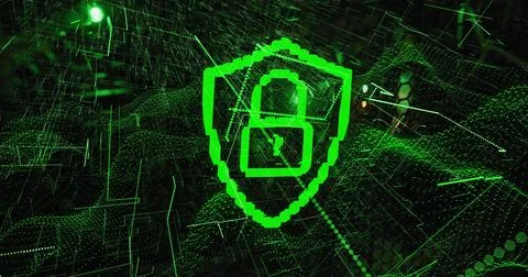 Hovering pixelated neon-green shield holding padlock icon above 3D wireframe 스톡 일러스트