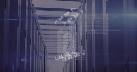 Hovering point-cloud humanoid figures drifting through data center corridor, Stock Photos