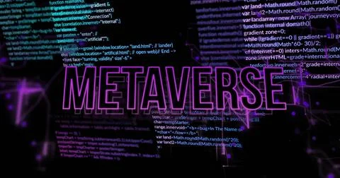 Hovering purple METAVERSE text in void, with white code, purple network lines 写真素材