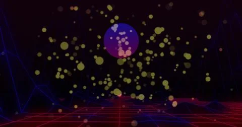 Hovering purple pink orb glowing above red grid in synthwave landscape with Stock Illustration