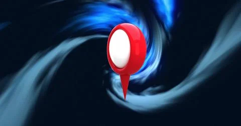 Hovering red 3D map pin marker floating in digital environment, with swirling Stock Photos