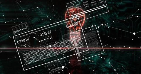 Hovering red glowing light bulb icon on digital grid, with numbered panels, イラスト素材