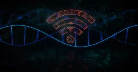 Hovering red-orange Wi-Fi symbol shining above blue DNA helix in dark tech 스톡 일러스트