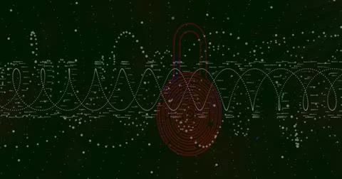 Hovering red padlock icon over white dotted sine waves in green cyberspace, with Stock Illustration