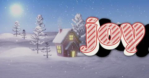 Hovering red white striped joy text over snowy hills, lit cottage, pines, bright Stock Illustration