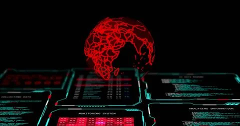 Hovering red wireframe globe showing Africa contours above virtual dashboard, Stock Photos