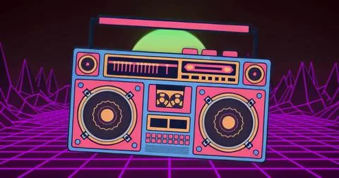 Hovering retro boombox with cassette deck over neon grid floor, wireframe Illustration