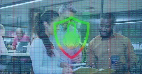 Hovering security shield overlaying train car commuters, showing padlock, Foto stock