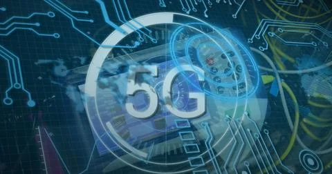 Hovering semi-transparent 5G logo above digital interface environment, with Stock Photos