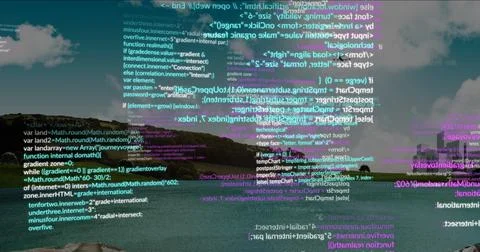 Hovering semi-transparent computer code above lakeside view, with rocky shore Stock Photos