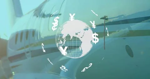 Hovering semi-transparent globe graphic above private jet fuselage on tarmac, Illustrazione stock