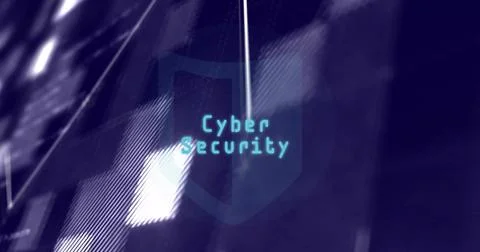 Hovering shield icon displaying Cyber Security on digital matrix, with lit Foto stock