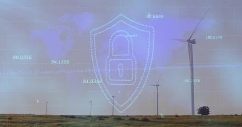 Hovering shield with padlock icon over turbines at wind farm, with world map  Stock Photos