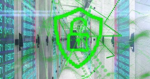 Hovering shield with unlocked padlock highlighting server racks in server room, Stock Illustration