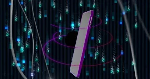 Hovering slim purple smartphone orbiting magenta rings in cyber grid, black void Stockillustratie