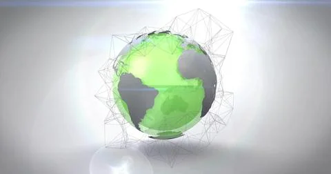 Hovering stylized globe displaying green continents in studio, with wireframe Illustrazione stock
