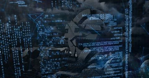 Hovering stylized helmet icon over grid floor under cloudy sky, with code Foto stock
