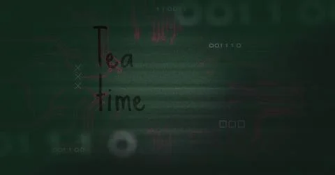 Hovering 'Tea time' text over circuit display with binary code squares and 写真素材