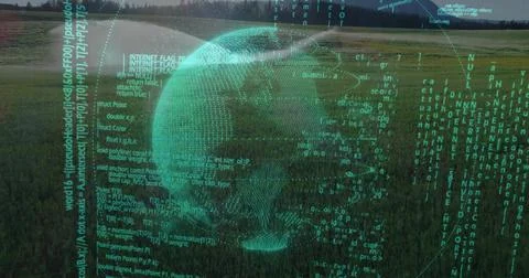 Hovering teal hologram globe projecting wire grids, coordinate markers and co Stock Photos