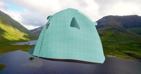 Hovering teal tentlike 3D structure casting shadow over mountain lake in valley, Stock Photos