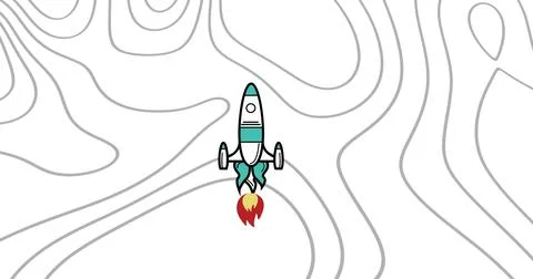 Hovering teal white rocket with window, pods shooting red yellow flame on white Stock Illustration