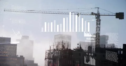 Hovering tower crane over scaffolding at city construction site, with data ov Stock Photos